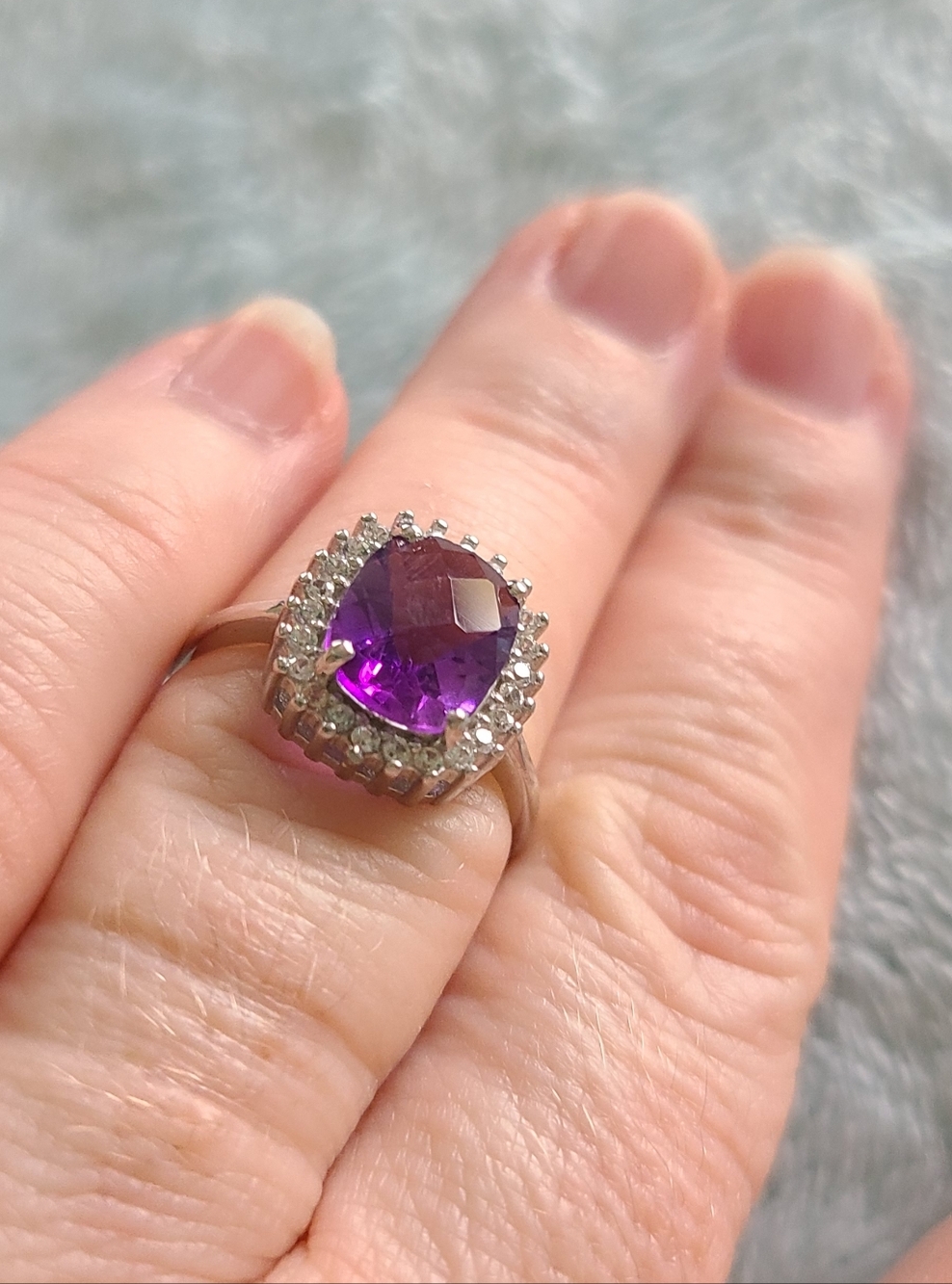 Amethyst Sterling Ring With White Zircon Halo - Picture 2 of 7